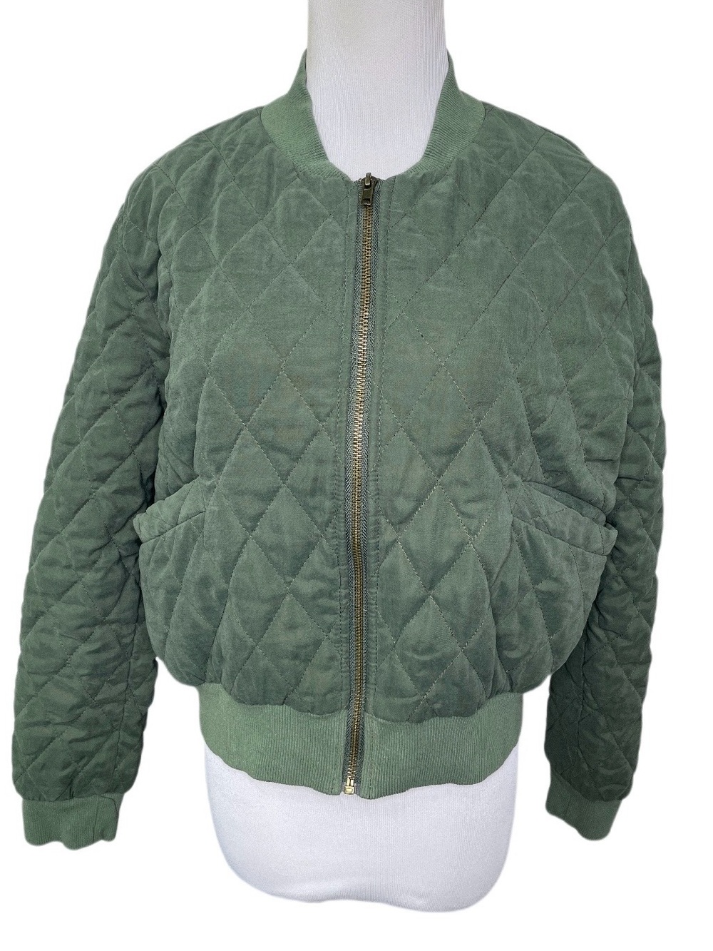 SAGE The Label Green Quilted Cropped Zip Front Bomber Jacket